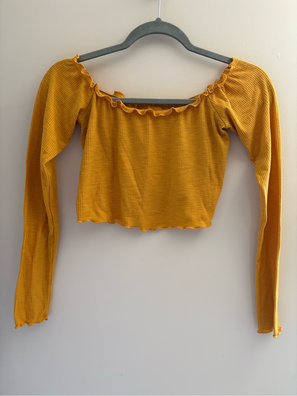 Garage Mustard Yellow Ribbed Off-Shoulder Long-Sleeve Crop Top